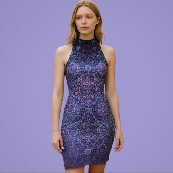 Bodycon Midi Dress Small Velvet Retro Revival 70s Psychedelic Backless High Neck - Picture 11 of 14